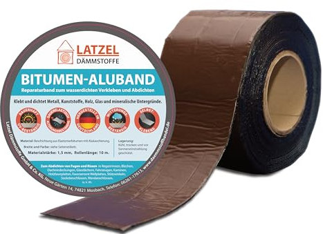 Ruban d'étanchéité en aluminium bitumé - Ruban de réparation de bitume - Couleur : Marron - 75 mm - Rouleau de 10 m d'épaisseur 1,5 mm