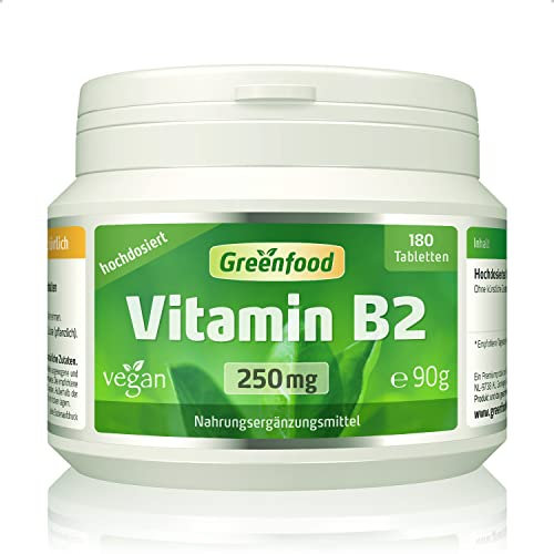 Vitamin B2, hochdosiert, 250mg - 180 Tabletten, vegan. Riboflavin – unterstützt Energiestoffwechsel, Sehkraft, Haut & Nerven. OHNE künstliche Zusätze - laborgeprüft. Von Greenfood.