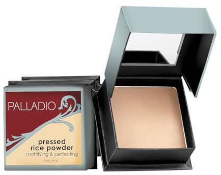 Palladio, Pressed Rice Powder with Mirror Mattifying Makeup Setting that Lasts All Day Instantly Absorbs Oil Works alone or with makeup, Natural