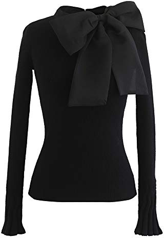 CHICWISH Blusa de punto de manga larga con lazo para mujer, cuello alto falso, ajustada, elegante, blusa lisa, Negro -, M