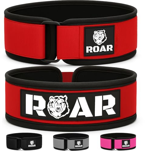 Roar® Cinturón Lumbar Gimnasio, Cinturon Gimnasio Hombre y Mujer, Cinturon Halterofilia, Powerlifting, Levantamiento Peso, Musculacion, Cinturon Gym Hombre, Cinturon Pesas (Rojo, M)