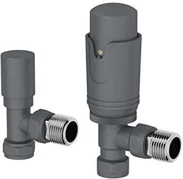 DuraTherm® Thermostatic Radiator Valve Pack Set, 15mm Lockshield TRV & Thermostat, Anthracite Grey Valves for Radiators, Angled