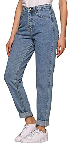 Tomwell Mujer Vaqueros Skinny Push Up Pantalones Elásticos Jeans Cintura Alta Vaqueros Denim Largo Mujer Boyfriend Rectos de Estilo Retro Cómodos Pantalones de Mezclilla A Azul Claro M