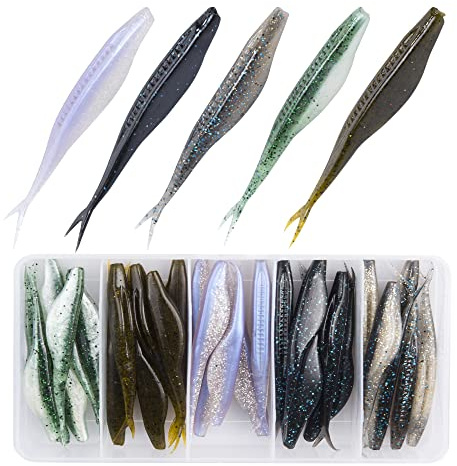 Bombrooster Fishing Bait Soft Plastic Fishing Lure, 4in Salty Split Tail Jerk Shad Minnows Lure for Bass Fishing, Swimming Jerk Bait 30 Pcs with Tackle Box