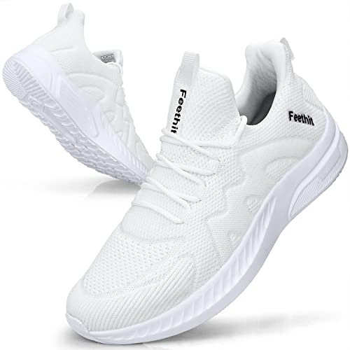 Feethit Sneaker Herren Schuhe Sportschuhe Laufschuhe Turnschuhe Herren Tennis Fitness Jogging Walkingschuhe Leichtgewichts Atmungsaktiv Freizeit Straßenlaufschuhe Schlüpfen Schuhe Weiß 44 EU
