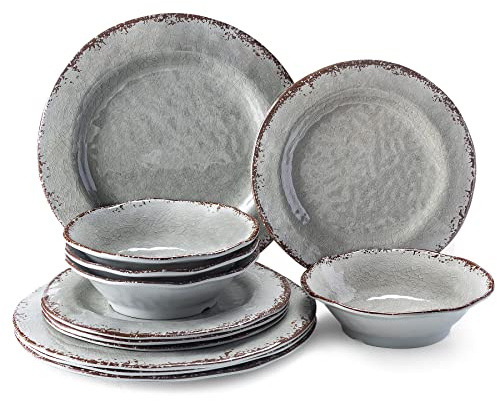 LEHAHA Farmhouse Melamine Dishes Dinnerware Set, 12 Piece Rustic Plates and Bowls Great for Picnic, Camping, Service for 4, Reusable and Dishwasher Safe, Indoor and Outdoor Use
