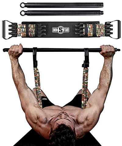INNSTAR Tragbares Bankdrücken Widerstandsbänder, Verstellbare Bench Press Bands mit 91cm Fitness Stange, Brusttrainer für Arm, Rücken, Bizeps und Brustmuskeln Krafttraining (Men|150LBS)
