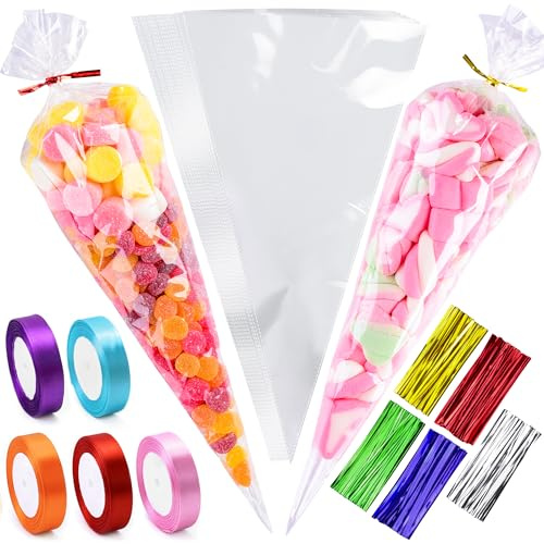 14x26cm Sweet Cone Bags with Twist Ties and Ribbons, 100Pcs Cellophane Crystal Clear Sweet bags, Triangle Sweet Party Cones Bags Perfect for Halloween, Christmas, Candies and many more