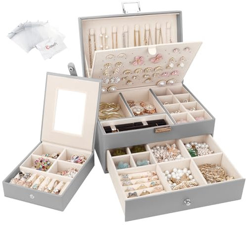 Jewellery Box Organiser 2 Layers, Large PU Leather Jewelry Storage Case with Portable Travel Jewellery Case, Jewellery Organiser Holder for Rings Earrings Bracelets Necklaces, Grey