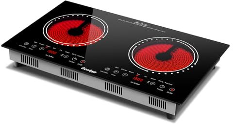 Cooksir Glaskeramikkochfeld 2 Platten mit Stecker, 60CM Kochfeld Einbau oder Tragbar, 3600W, Keramikkochfeld unabhängige Heizzonenregelung, Infrarot-Wärme, Sicherheitsverriegelung, Timer, 230V