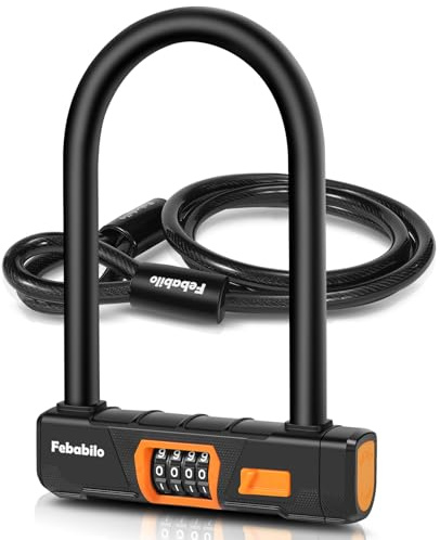 Febabilo Bike Locks Heavy Duty Anti Theft, Combo Bike U Lock, 4-Digit Resettable Combination E-Bike Large U Shaped Lock with 5Ft Steel Cable for Electric Bike, Bicycle, Escooter, Motorcycle,Door