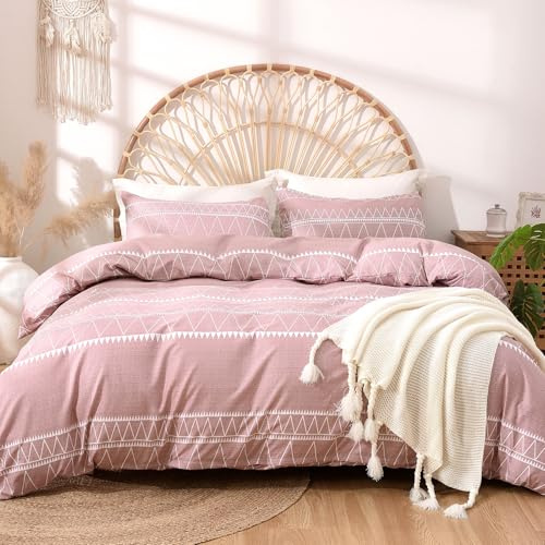 Lekesky Pink Double Duvet Cover Set 3-Piece Geometric Stripe Print Bedding Set, Soft Microfibre Pink Double Duvet Set with Pillowcases Zip Closure Easy Care, Double 200x200cm