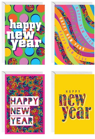 easykart labels 16 Happy New Year Cards Boxed Set With Envelopes and Gold Seal Stickers - 6.75 x 4.5 Assorted New Years Greeting Card Set 2024 With Messages Inside