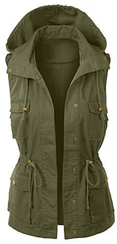 Damen Cargo Weste Ärmellos - Weste Damen Outdoor Kapuze Sweatjacke Grosse Grössen Damenweste Casual Safari-Weste Mit Kordelzug Einfarbig Slim Fit Übergangsweste Leichte Hoodie Anglerweste Outdoorweste