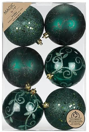 Inge-glas Weihnachtskugeln Kunststoff 8cm 6er Set - bruchsicher & mit Glitzer Muster - Große Christbaumkugeln für Weihnachtsbaum - Weihnachtsbaumkugeln & Christbaumschmuck Dunkelgrün - Noble Green