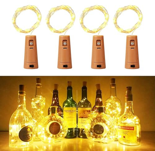 Bottle Lights 4pcs, 2m 20 LED Wine Bottle Lights with Cork, Fairy Light Battery Operated for Birthday, Wedding, Christmas DIY Indoor/Outdoor Table Decoration (Warm White)