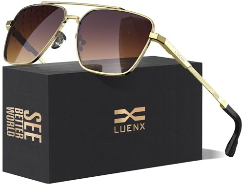 LUENX Aviator Sunglasses for Men Women Polarized，Square Polygon Gradient Brown Lens Gold Metal Frame 58MM