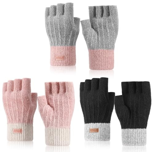 ViEinkaufen 3 Pairs Fingerless Gloves For Women, Women's Warm Knit Half Fingers Gloves Winter Soft Knitted Fingers Mittens for Ladies Driving Working, Skiing, Cycling, Office Typing