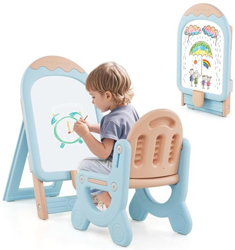 COSTWAY Tableau Enfant en Forme Glace avec Chaise & 16 Aimants & 5 Marqueurs, Chevalet Magnétique Pliable en HDPE avec Hauteur Réglable, Boîte de Rangement & Gomme, Charge 30kg pour 3 Ans+ (Bleu)