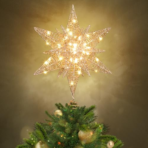 Luxspire Estrella para Árbol de Navidad, Estrella Decorativa 3D de Copa del Árbol con Conexión USB y Control Remoto, 9,6 Estrella Brillante, Temporizador de 6H y 8 Modos de Iluminación, Oro