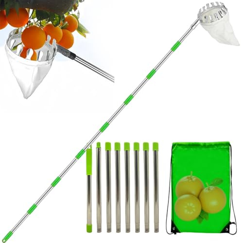 Recolector de frutas, 2025 con mango telescópico, herramienta de recogida de frutas Berry P-icker con soporte para bolsa de tela, fácil de atornillar, multiusos para varias frutas