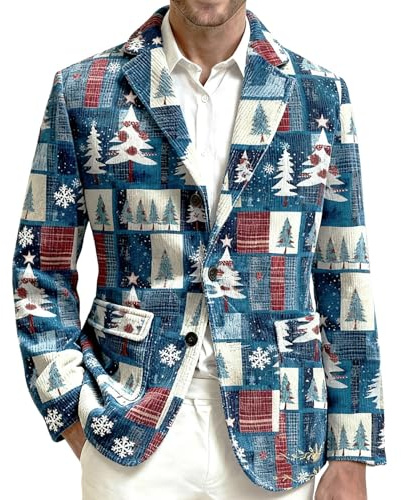 Celanisai Giacca natalizia da uomo, vestibilità regolare, in tessuto, blazer di Natale Corduroy, giacca di Natale divertente, motivo natalizio, blazer slim fit, giacca da uomo, P blu., XXXXL