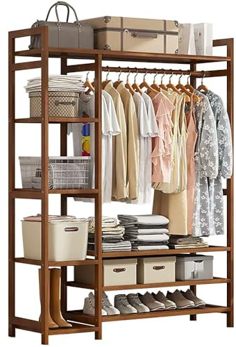 Fristående bambukläder järnklädhängare med hängstång 2 hyllor och krokarÖppen garderobsförvaringslösning för sovrum och hall naturligt trä design
