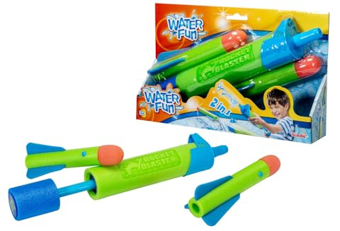 Simba Lanzador de Cohetes de Agua 2 en 1 – Lanzador de Cohetes de Agua y Cohetes (L: 32 cm, 5 cm de diámetro), Incluye 2 Cohetes de Espuma, Alcance de hasta 8 Metros, Juguete para Exteriores para
