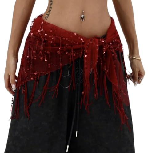 FeMereina Women Belly Dance Sequin Tassel Hip Scarf Triangle Belt Wrap Skirts Music Festival Sheer Mesh Waist Chain