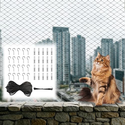 Kvaznix Cat Net for Balcony, 8 x 3 m Cat Protection Net Black with Attachment Rope and Accessories, Balcony Net for Cats, Cat Protection Net for Escaliers, Fenêtres, Terrasses