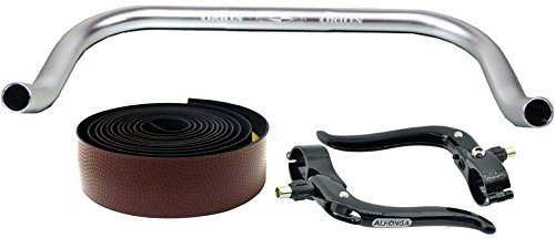Permanent cykel bullhorn Fixie Singlespeed racercykel triathlon-styre silver 440 mm med matchande bromsspak och mörkbrunt styrband