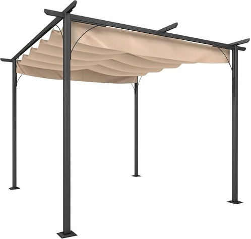 Outsunny Pergola retrattile 3L x 3L x 2,30H m struttura in metallo epossidico nero anticorrosione + tessuto in poliestere beige ad alta densità da 180 g/m² in dotazione