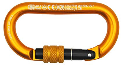 Kong. Oval Alu Classic Screw Sleeve. Moschettone in Alluminio con Ghiera a Vite. Compatibile con Bloccanti e Carrucole. Keylock Anti-Impiglio. Certificato EN 362/B, 12275/B. Peso 65g. Arancione/Nero