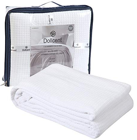 DOLLCENT 100% Cotton Twin Size Blanket for Bed, Premium Soft Combed Lightweight Blankets, Washed Breathable Cozy Bed Throw Blanket, White Twin Cotton Blankets for All Season: White (66x90)