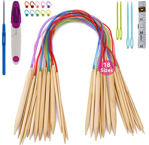 Aiguilles Tricoter Bambou, ARPDJK 18 Paires 2mm - 10mm D'aiguilles à Tricoter Circulaires à Double Pointe avec Marqueurs de Point, Ciseaux, etc Accessoires, pour Débutants et Professionnels