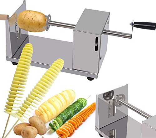 Affettatrice manuale per patatine in acciaio inox con spiedini in acciaio inox, taglierina per fritte, cetrioli, carote, mele, barbecue, a spirale, fai da te con bastone riutilizzabile