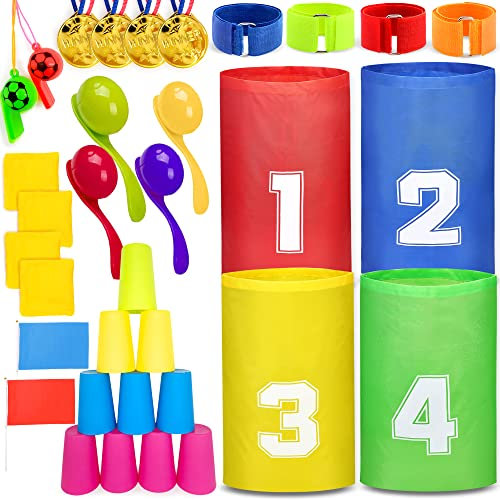 Chennyfun Hüpfsäcke Spielset, 8 in 1 Set, Garten Spiele für Kindergeburtstag, Hüpfsäcke für Kinder, Outdoor Spielset, Sackhüpfen, Eierlaufen, Dosenwerfen, ideal für Partys und Sportfeste