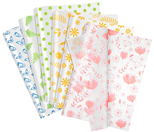 Larcenciel 60 fogli di carta velina glitterata per confezionare regali, carta velina stile primaverile rosa/blu/verde, stampa floreale metallizzata, carta velina per confezioni regalo, per artigianato