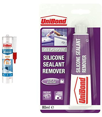 UniBond Speed Seal Sealant, Fast Drying White Silicone Sealant & Silicone Sealant Remover, Effective Sealant Remover for Thorough Removal, High-Strength Silicone Remover for Ceramic Tiles