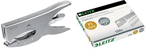 Leitz Heftzange, Für 40 Blatt, Ergonomisches Design aus Metall, Hinterlademechanik, Für Heftklammern P3 oder P4, Silber & Power Performance Heftklammern P3 (26/6), 1000 Stück, Verzinkt, 55720000