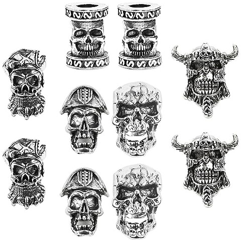 Lot de 10 perles tressées pour homme - Motif tête de mort de pirate, dreadlocks - Pour tresses, barbe, bracelets, colliers, accessoires de tressage, Alliage, Pas de gemme