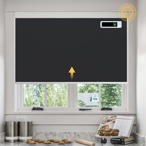 DONGFXK Motorized Blinds with Remote, Blackout Cooling Automatic Shades with Solar Panel Cordless Smart Blinds for Windows, Custom Electric Blinds Horizontal Roller Shades,Black,34 W X 72 H