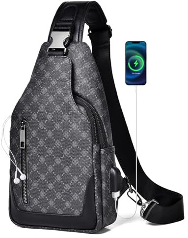 SUCIKORIO Brusttasche Herren Leder, Wasserdichte Klein Umhängetasche Schultertasche Herren Sling Crossbody Bag Mit USB Schnittstelle und Kopfhöreranschluss Herrentasche Für Travel, Festival, Männer