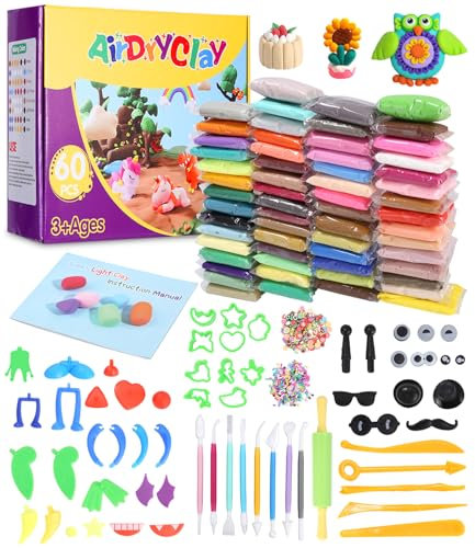 LEAZZLE Modelliermasse Lufttrocknend,60 Farben Knete Lufttrocknend für Kinder,DIY Formton mit werkzeugen und Tutorials,eiten Anleitungsbuch,Geschenke für Kinder Jungen Mädchen ab 3 4 5-12 Jahre