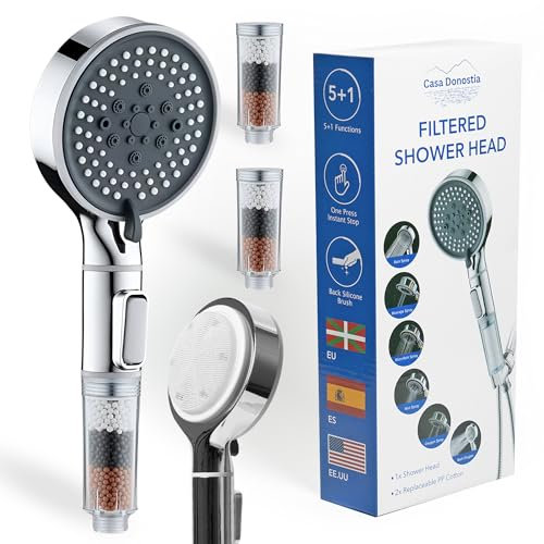 Casa Donostia Alcachofa de Ducha con Filtro | Antical y Cloro | Alta Presión 6 Modos | Filtro de Agua para Piel y Cabello Sensible | Cabezal con Cepillo de Silicona | 2 Filtros de Repuesto