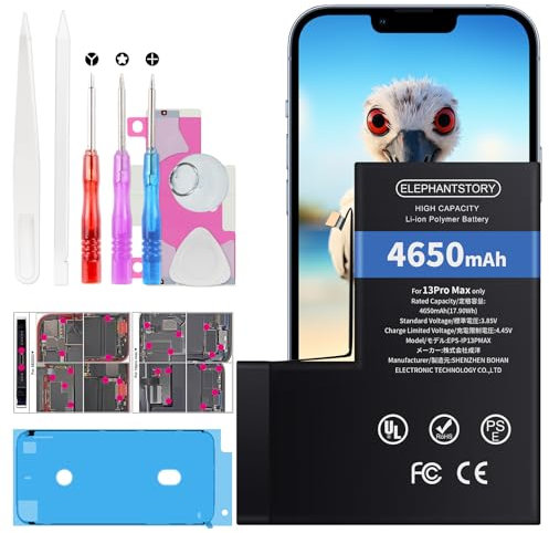 Elephantstory Akku für iPhone 13 Pro Max, 4650 mAh Hohe Kapazität Interner Ersatzakku 0 Zyklen Li-ion Polymer Akku mit Reparatur Werkzeugsatz und Anleitung Buch