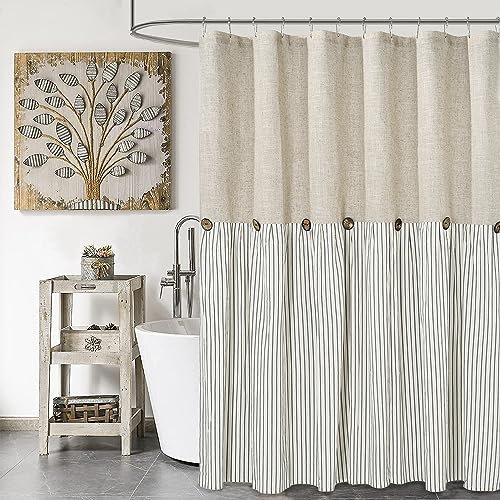 DOSLY IDÉES Linen Cotton Shower Curtain Country Style Grey Striped with Buttons Woven Fabric Pleated 180 x 200 cm