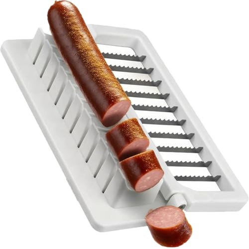 Korvskärare manuell – korvskärare för perfekt currykorv och stekt korv | Ultravassa rostfria blad och enkel rengöring | kökshjälpmedel och grilltillbehör för män och kvinnor (vit)