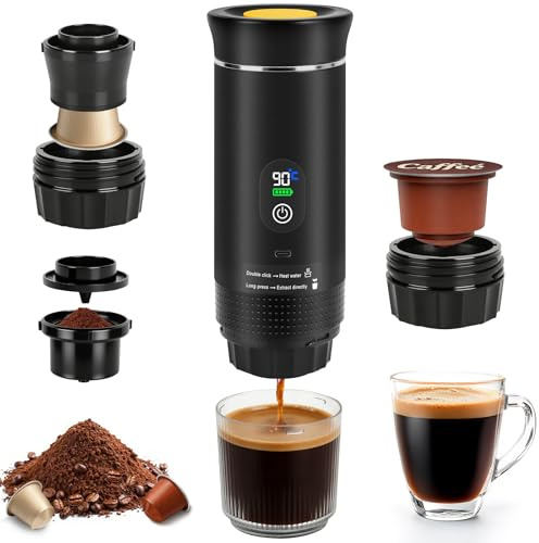 DAJASD 3 in 1 Macchina per Caffè Espresso Portatile, Macchina Caffe Portatile, 12 V Caffettiera Portatile con Porta Usb-C Compatibile con Caffè Macinato e Capsule Per Ufficio, Auto