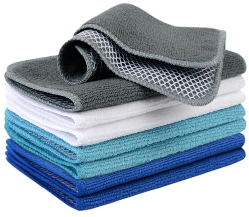 VIVOTE Microfaser Spültücher Spüllappen Waschbar Geschirrtücher Mit Poly-Mesh-Scheuerseite Abwaschtücher Küche Haushalt Tücher,8 Stück,20cmx20cm (Hellgrau+Seeblau+Weiß+Marineblau)